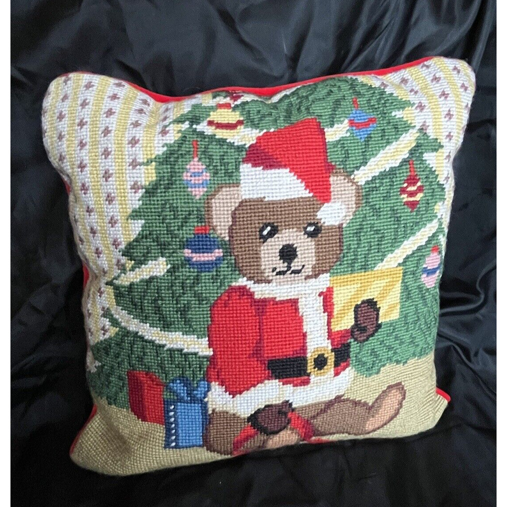 Christmas Teddy Bear Santa Pillow Needlepoint Throw Pillow Imperial Elegance 14"